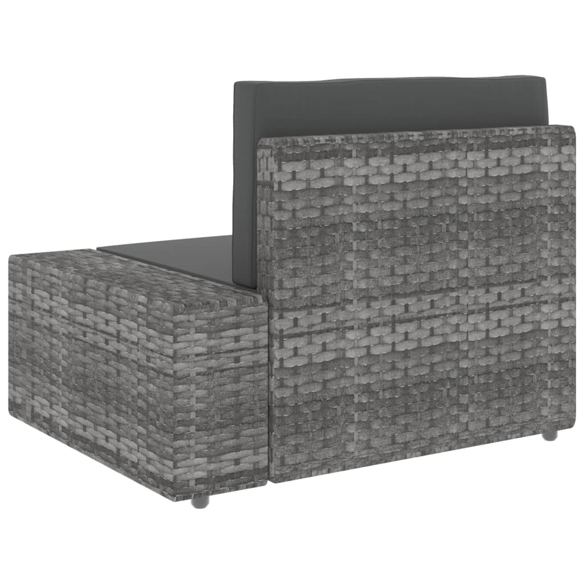 Graues Korbmöbel-Sofa. Seitenansicht. Graues Korbgeflecht, dunkelgraue Kissen, mit Metallbeinen.