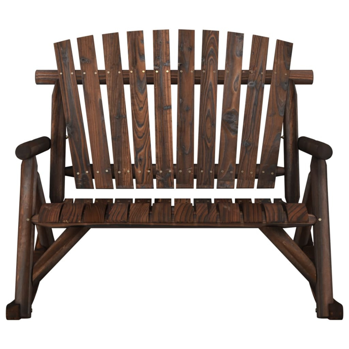 Dunkelbraune Holzbank mit vertikalen Lamellen und geschwungenen Armlehnen.