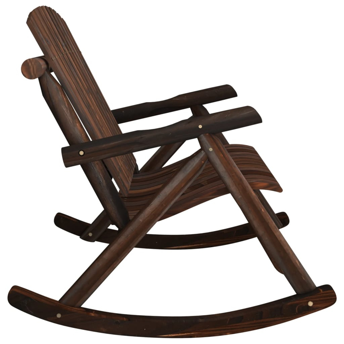 Dunkelbrauner Schaukelstuhl aus Holz. Winkelansicht, die Sitzfläche und die Schaukelkufen zeigt.
