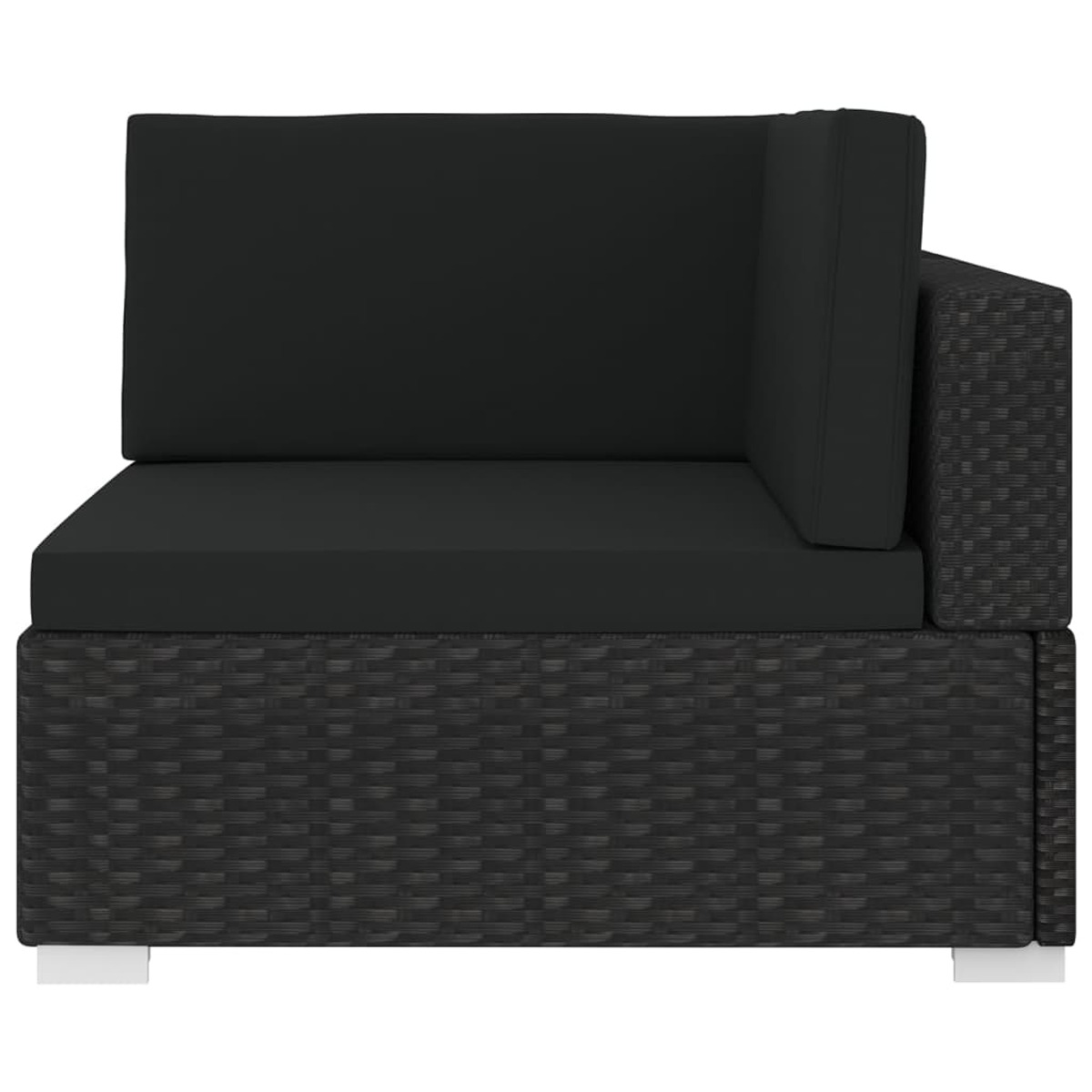 Ecksofa mit schwarzen Kissen und dunkelbraunem Webrahmen auf weißen Füßen.
