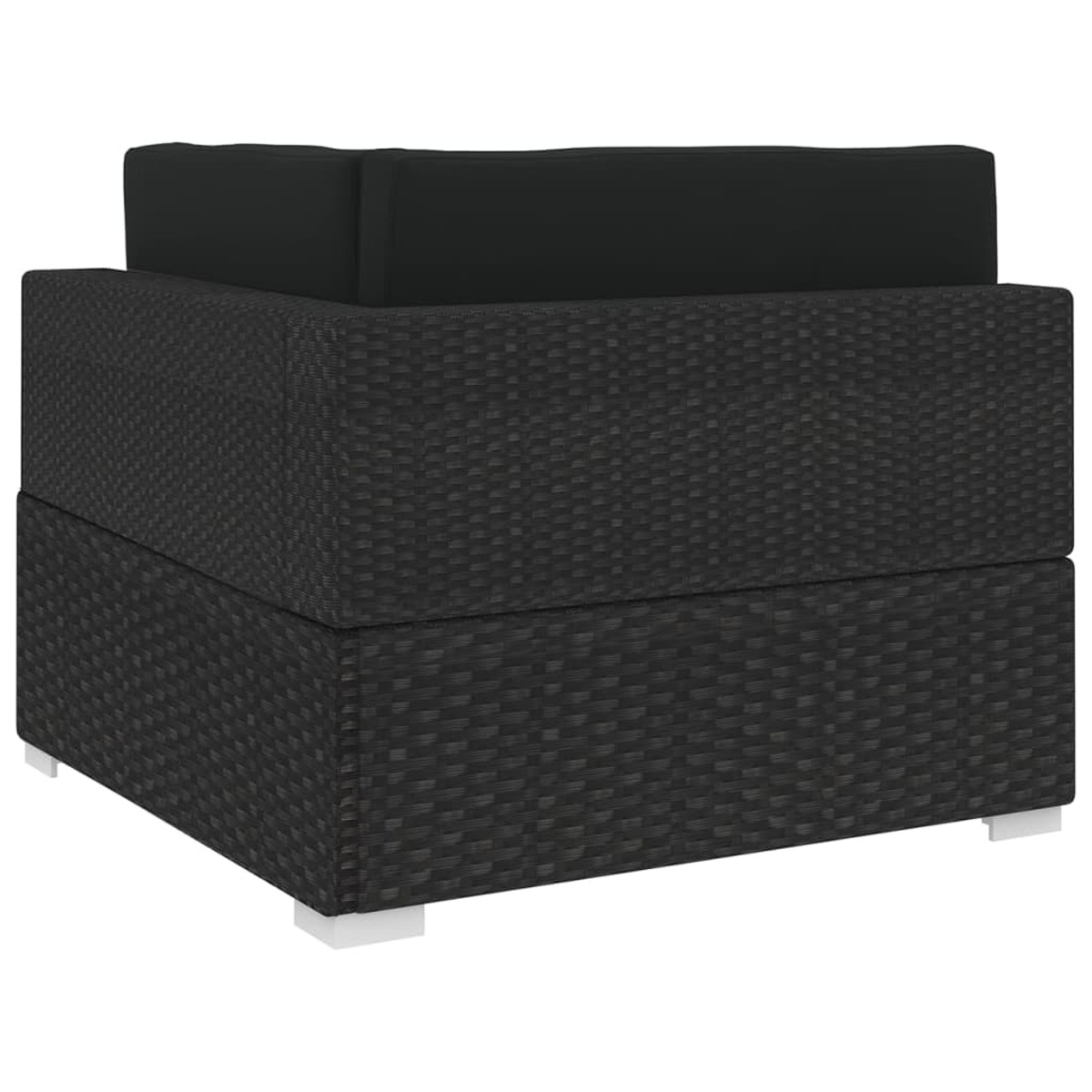 Ein schwarzes Outdoor-Sofa aus Korbgeflecht mit schwarzem Kissen. Es hat weiße Füße.