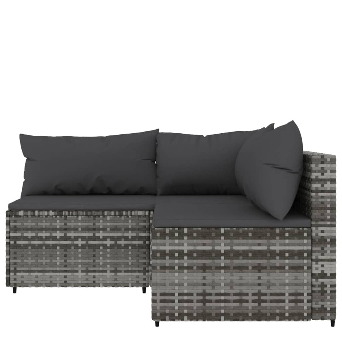 L-förmiges graues Outdoor-Sofa aus Korbgeflecht mit grauen Kissen.