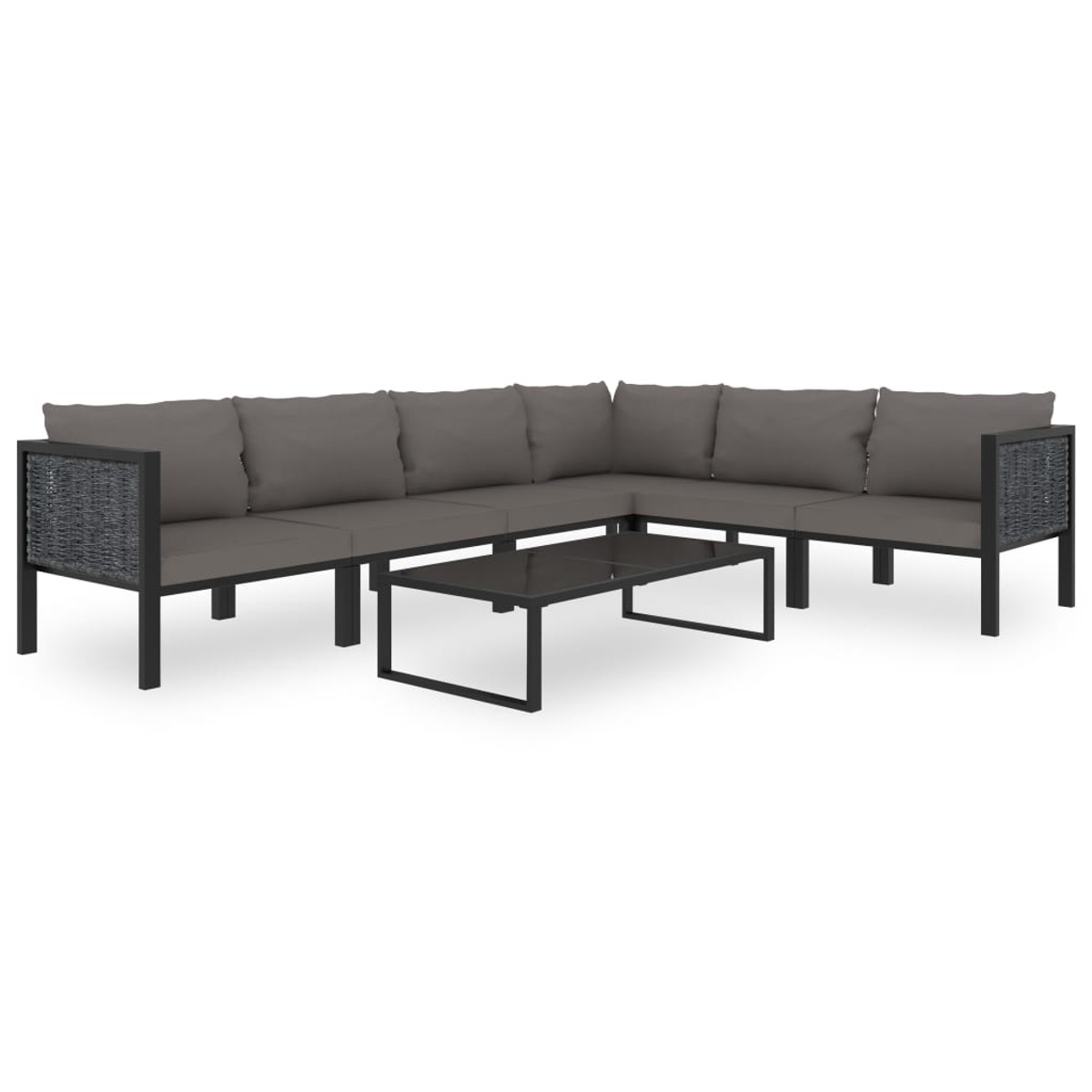 Outdoor-Ecksofa in Grau mit Glastisch.