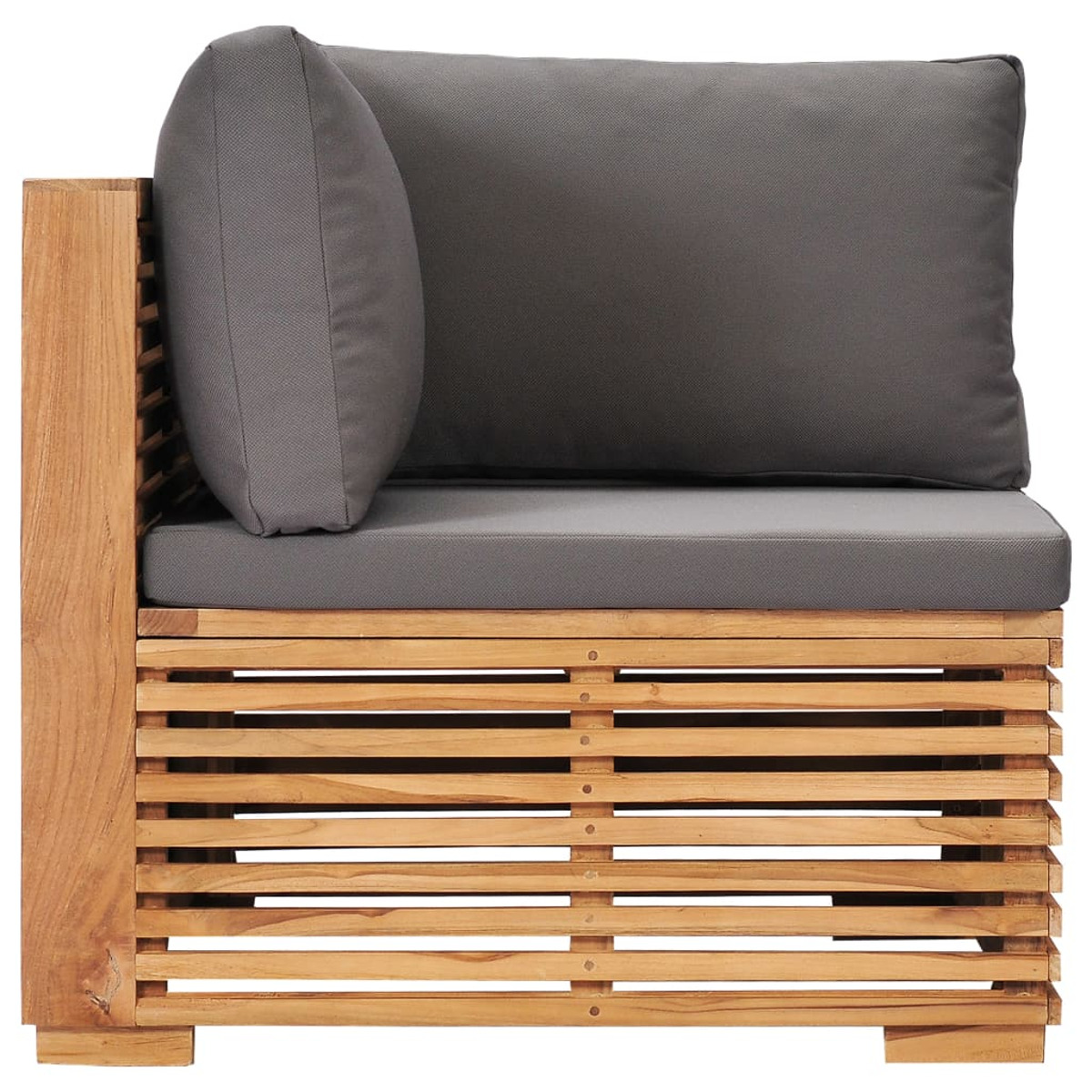 Ecksofa aus Holz mit grauem Kissen und Armlehne.