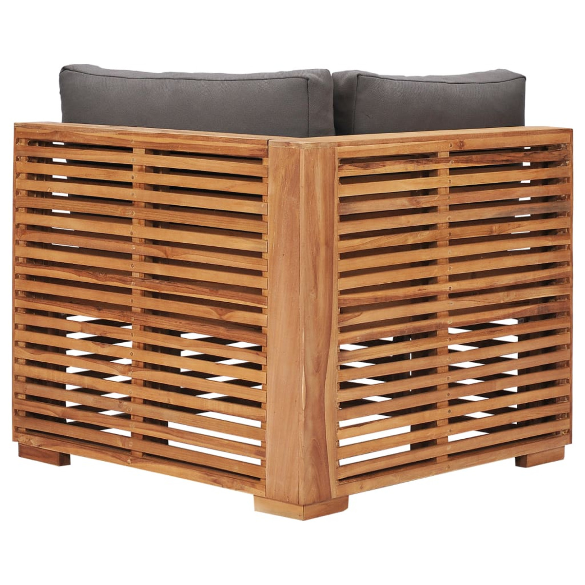 Ecksofa aus Holz mit zwei grauen Kissen. Lamellendesign. Weißer Hintergrund.