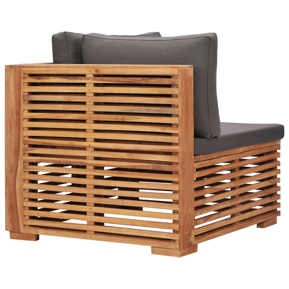 Outdoor-Ecksofa aus Holz mit Lattenseiten und einem grauen Kissen.