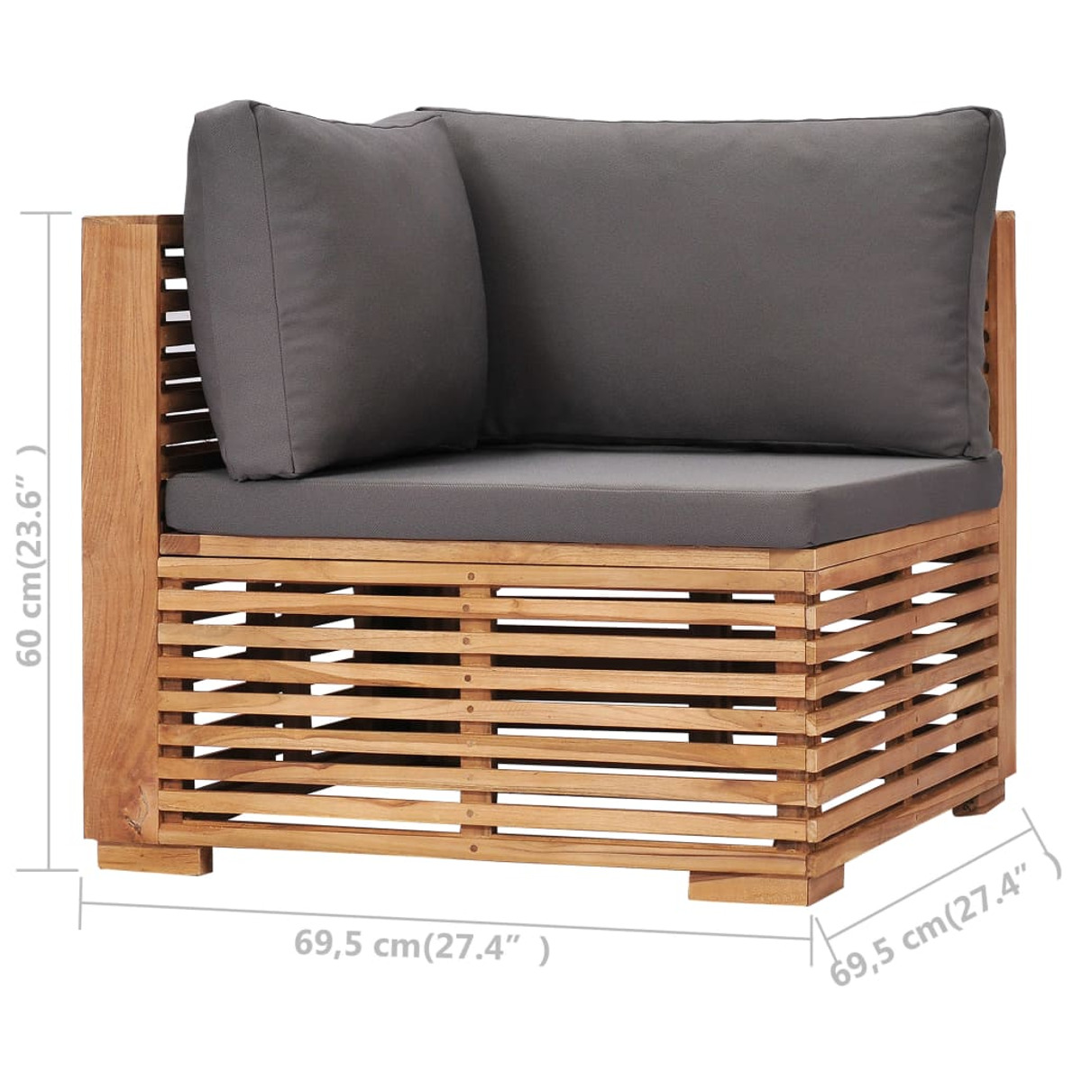 Ecksofa aus Holz mit grauen Kissen. Es hat ein Lattenrostdesign und ist hellbraun.