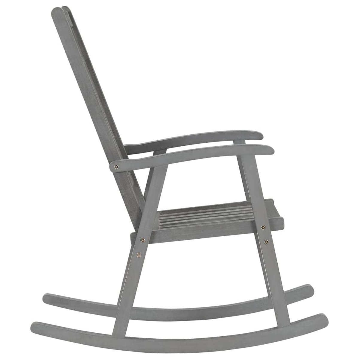 Seitenansicht eines grauen Schaukelstuhls.