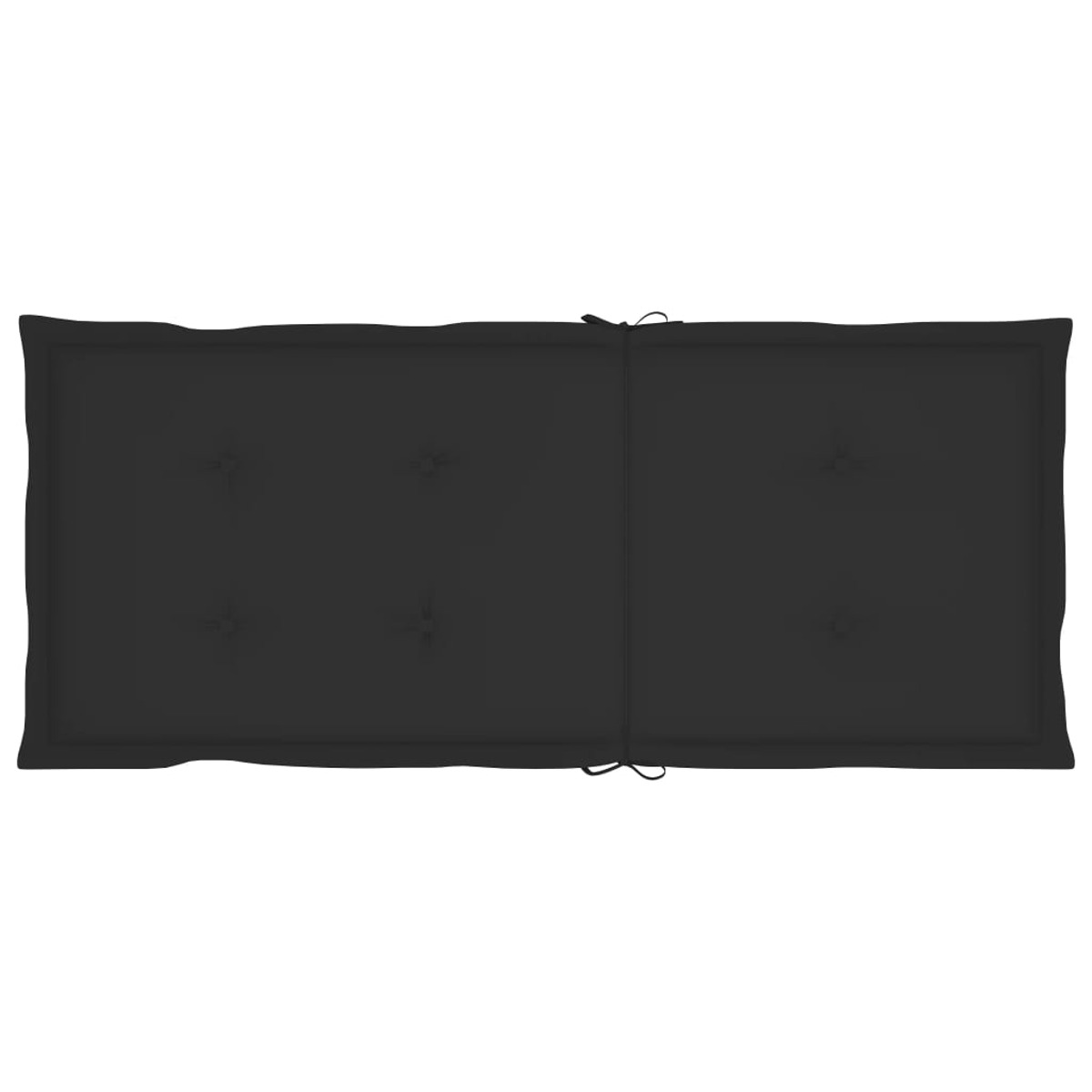 Ein schwarzes Outdoor-Bankkissen. Es ist rechteckig und hat geknöpfte Details.