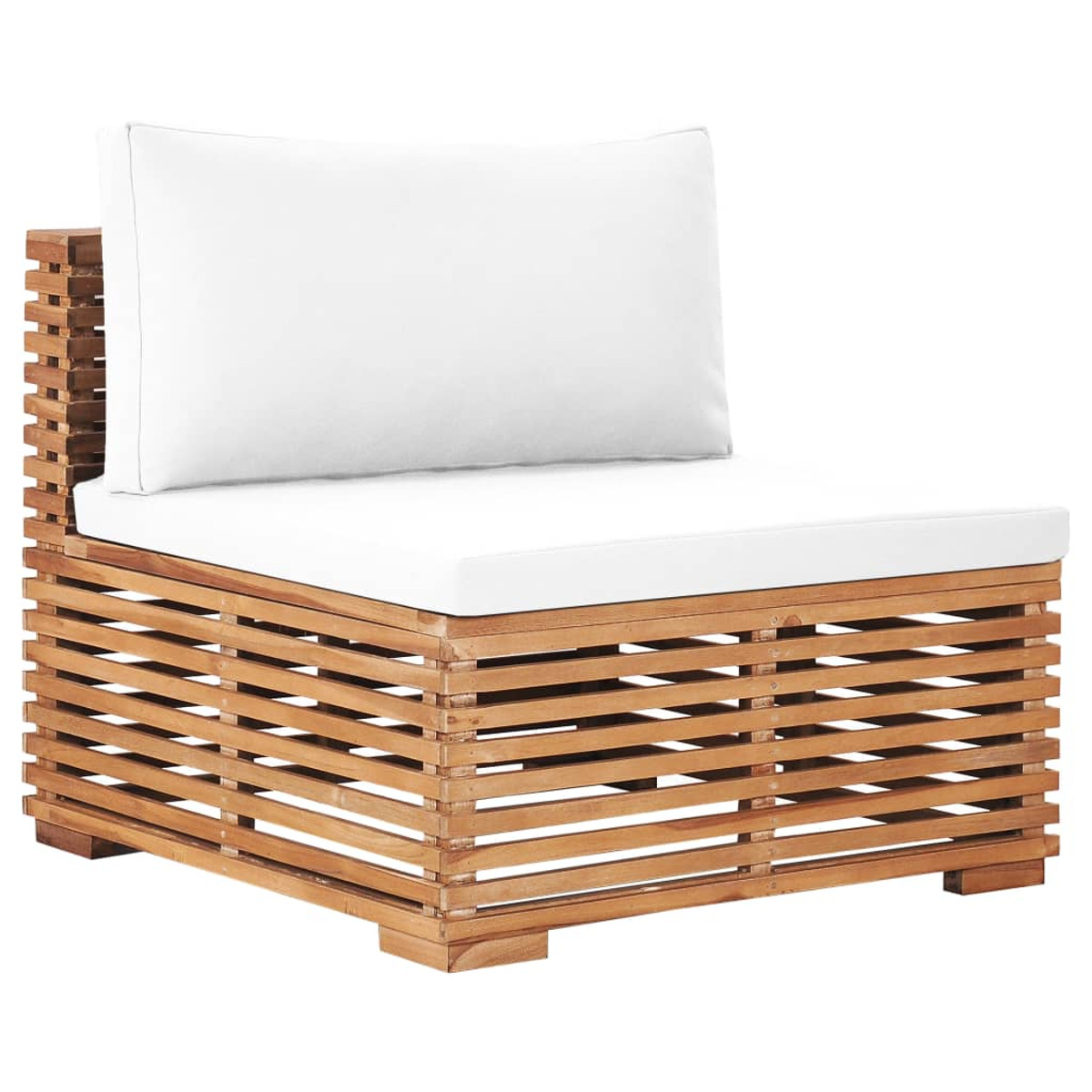 Einzelsofa aus Holz für den Außenbereich mit weißem Kissen. Der Hintergrund ist weiß.