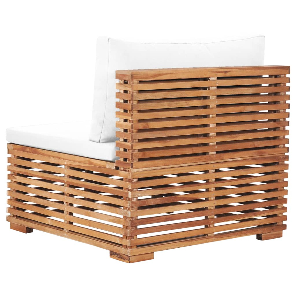 Outdoor-Ecksofa aus Holz mit weißen Kissen, modernes Latten-Design auf weißem Hintergrund.