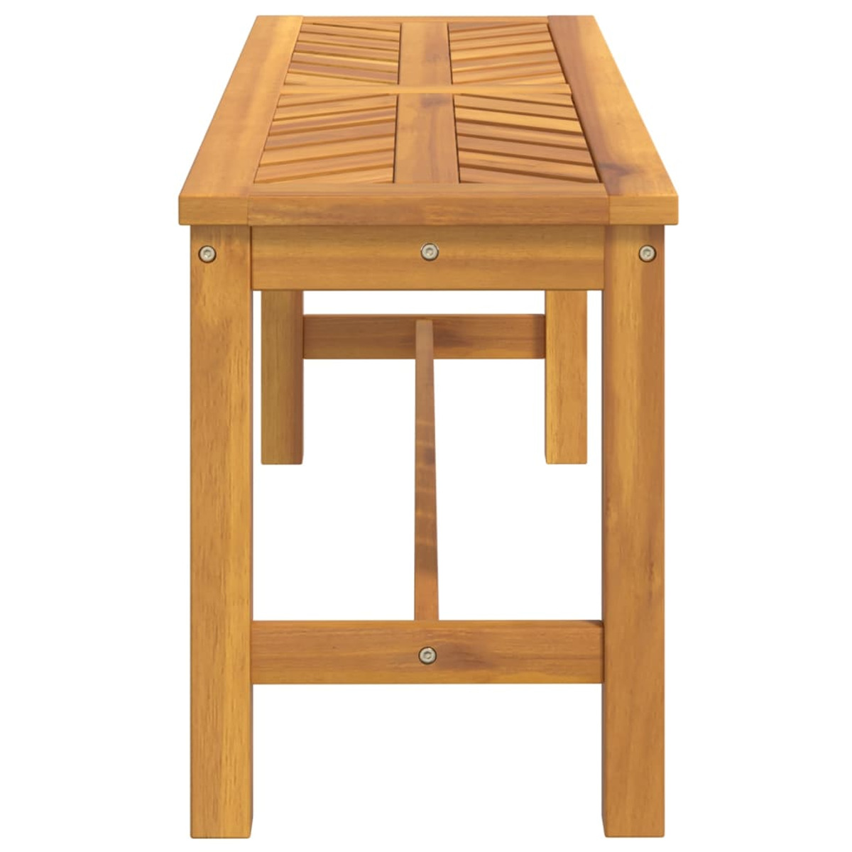 Holzbank von der Seite. Die Bank hat eine Lattenbank und ein schlichtes Design.
