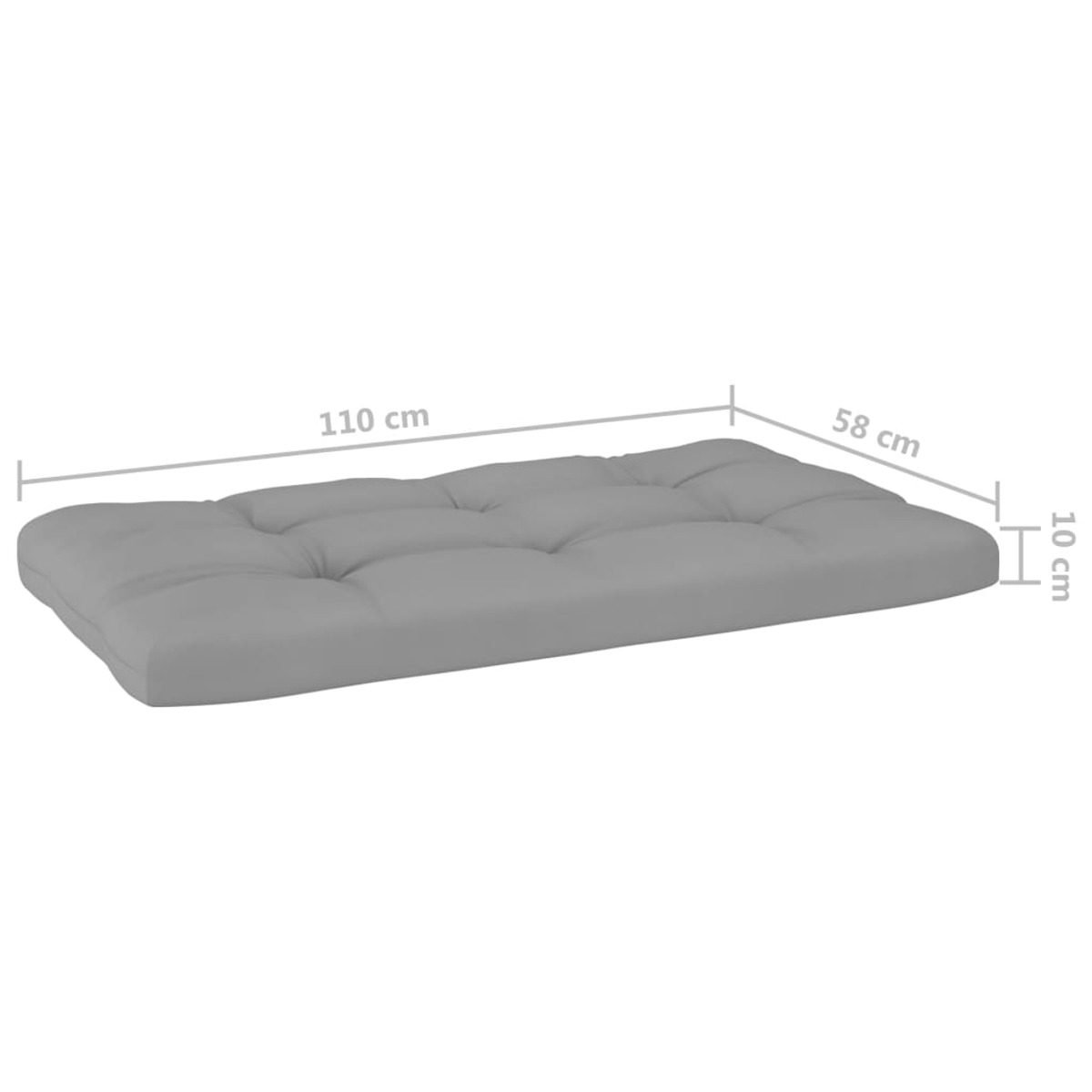Graue Matratze mit den Maßen: 110cm x 58cm x 10cm. Sie befindet sich auf weißem Hintergrund.