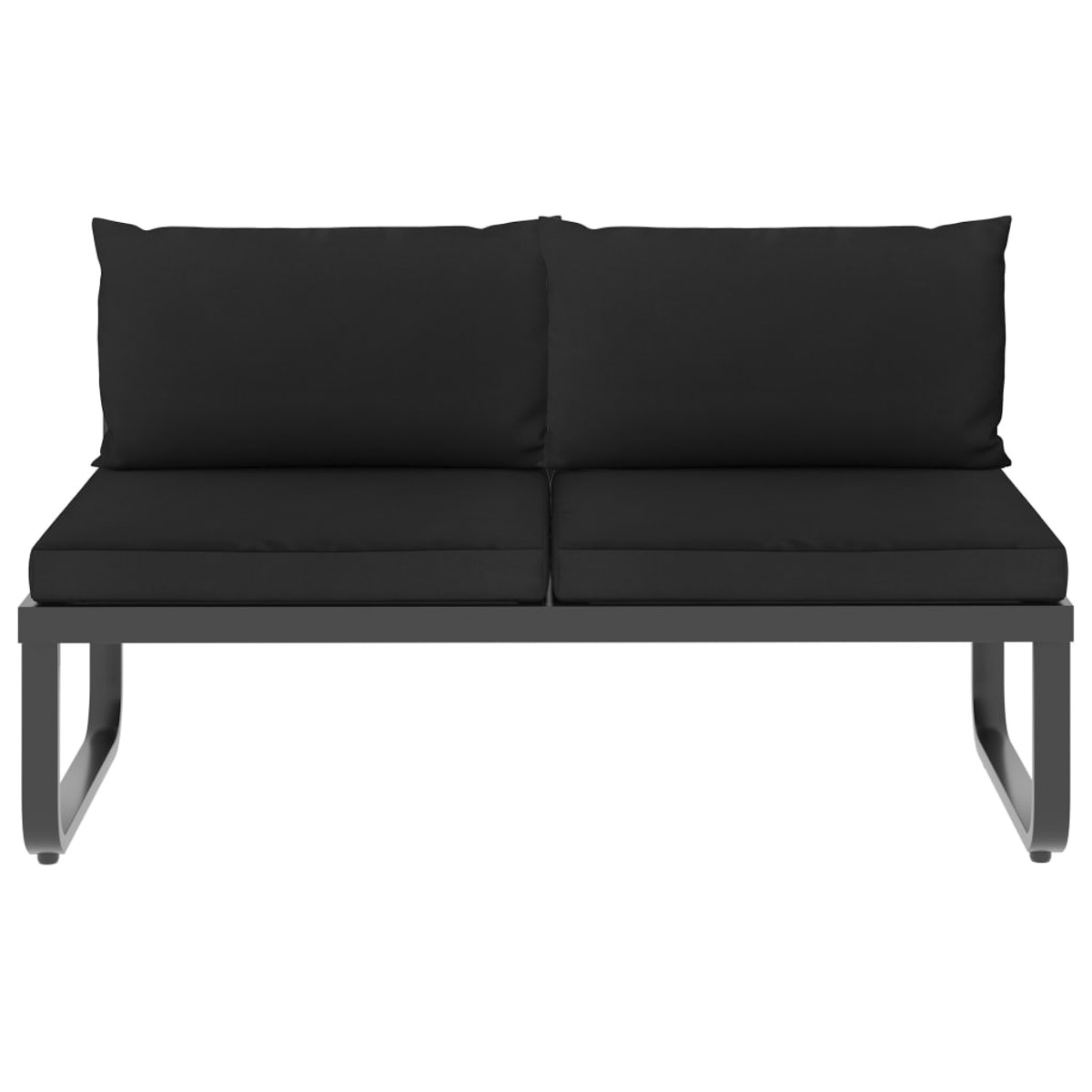 Schwarzes Outdoor-Sofa mit zwei Kissen. Das Sofa hat ein modernes, minimalistisches Design. Metallrahmen.