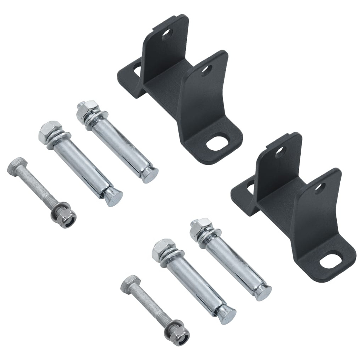 Hardware: schwarze Halterungen, Schrauben und silberne Schrauben auf weißem Grund.