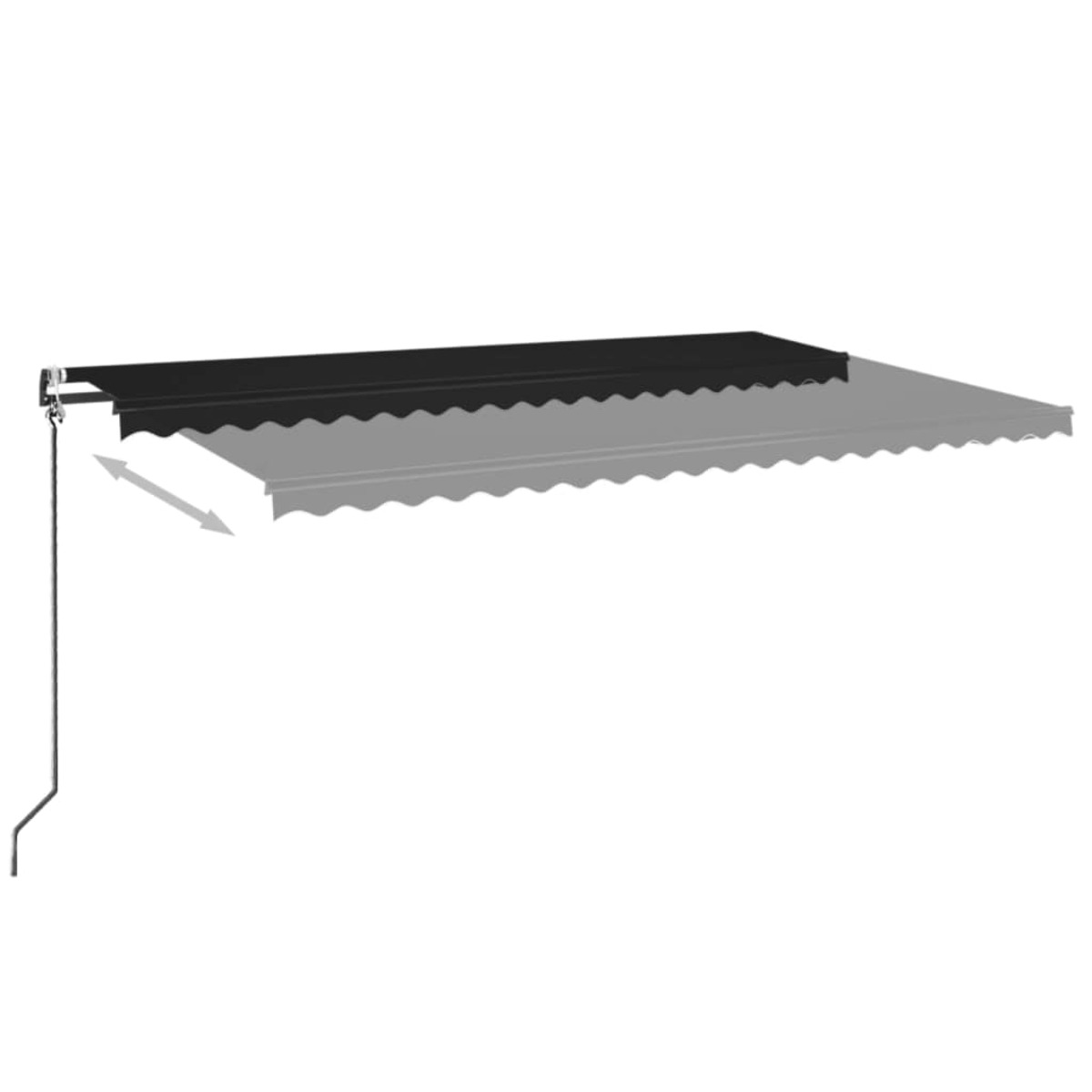 Eine schwarze Markise wird ausgefahren. Sie hat einen wellenförmigen Rand und eine Metallstütze.
