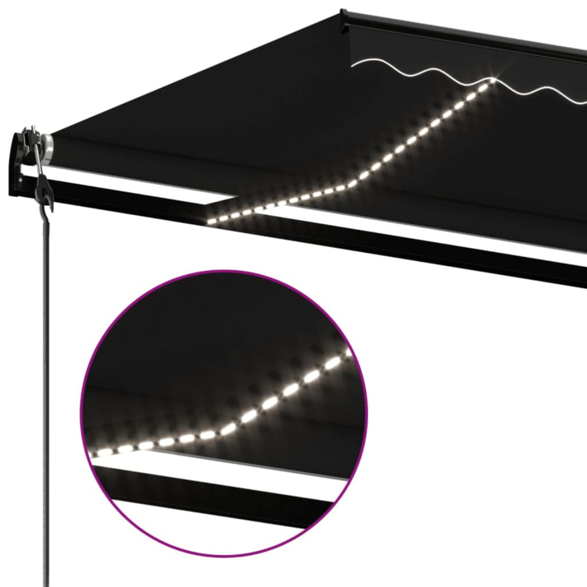 Schwarze Markise mit LED-Leuchten und Zugband.