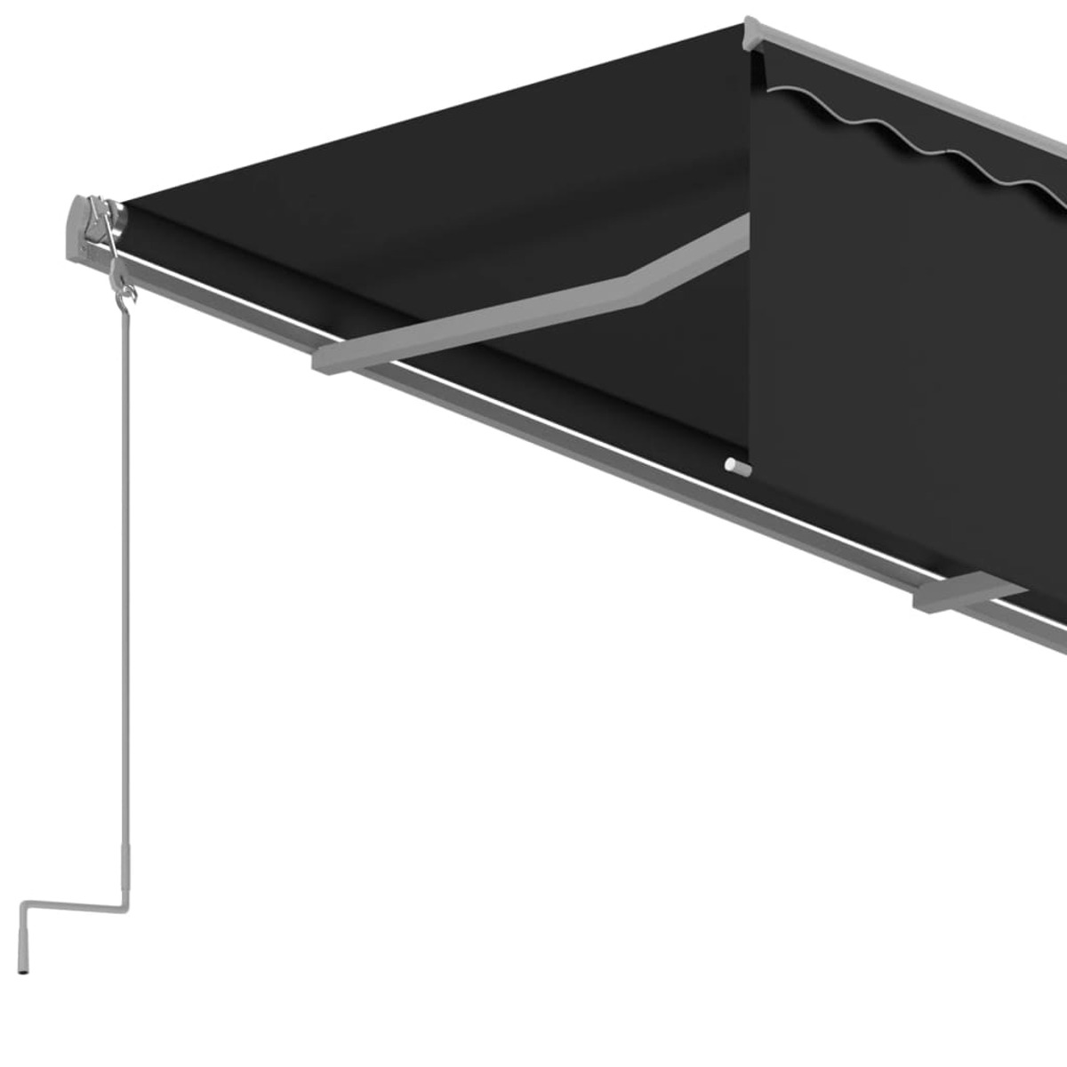 Schwarze Markise, ausgefahren. Metallrahmen und -stütze. Weißer Hintergrund und ein Griff.