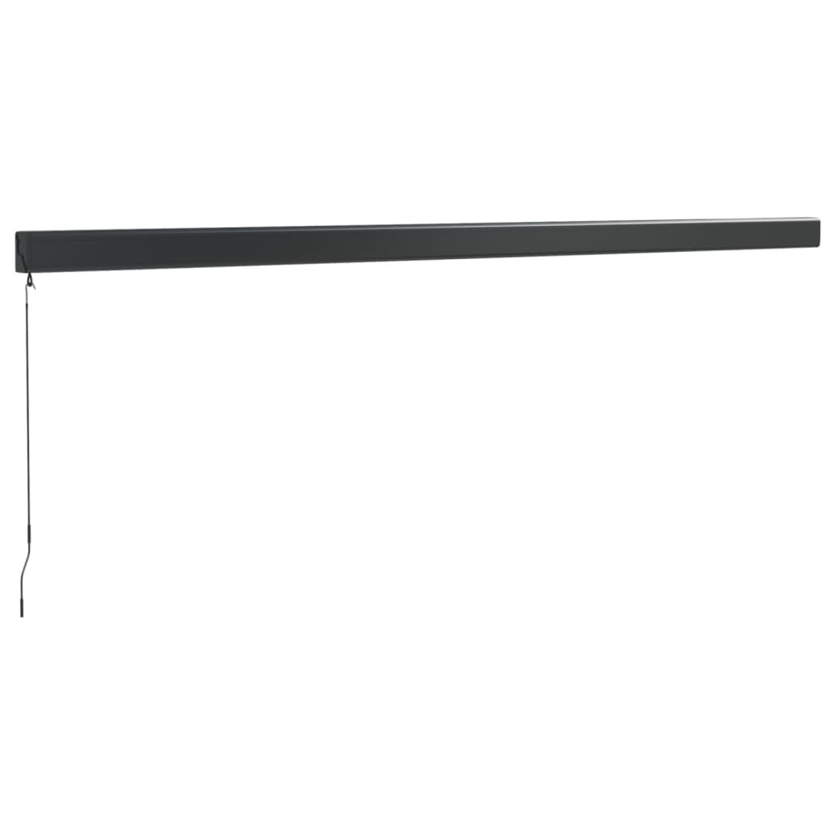 Eine schwarze Markise, die sich horizontal von einem weißen Hintergrund erstreckt. Schlichtes Design.
