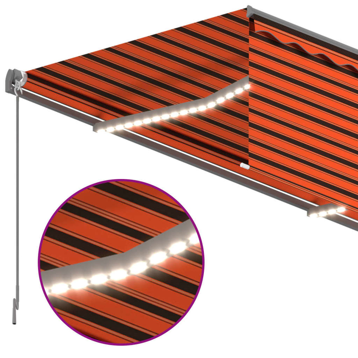 Gestreifte orange-schwarze Markise mit integrierten LED-Leuchten.