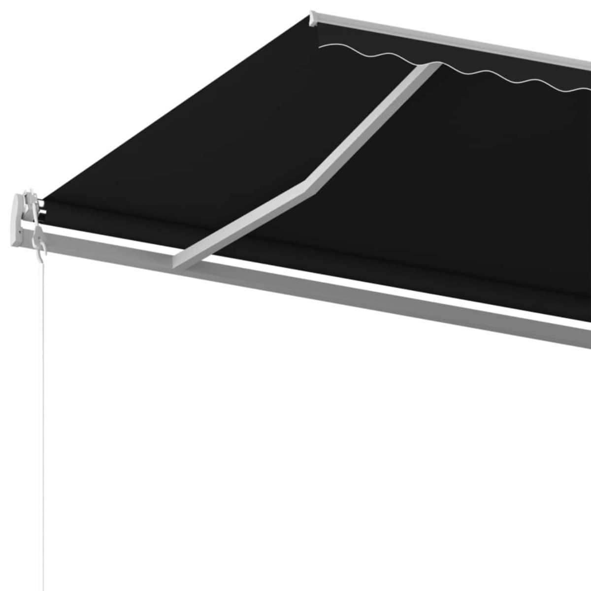 Schwarze Markise mit weißem Rahmen, ausgefahren. Einfaches Design, weißer Hintergrund.