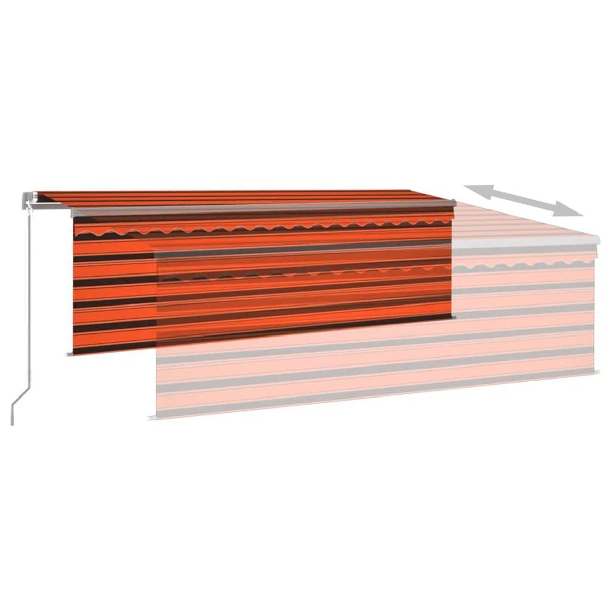 Markise in orange-schwarzen Streifen, mit Ausfahrhinweis durch Pfeile.