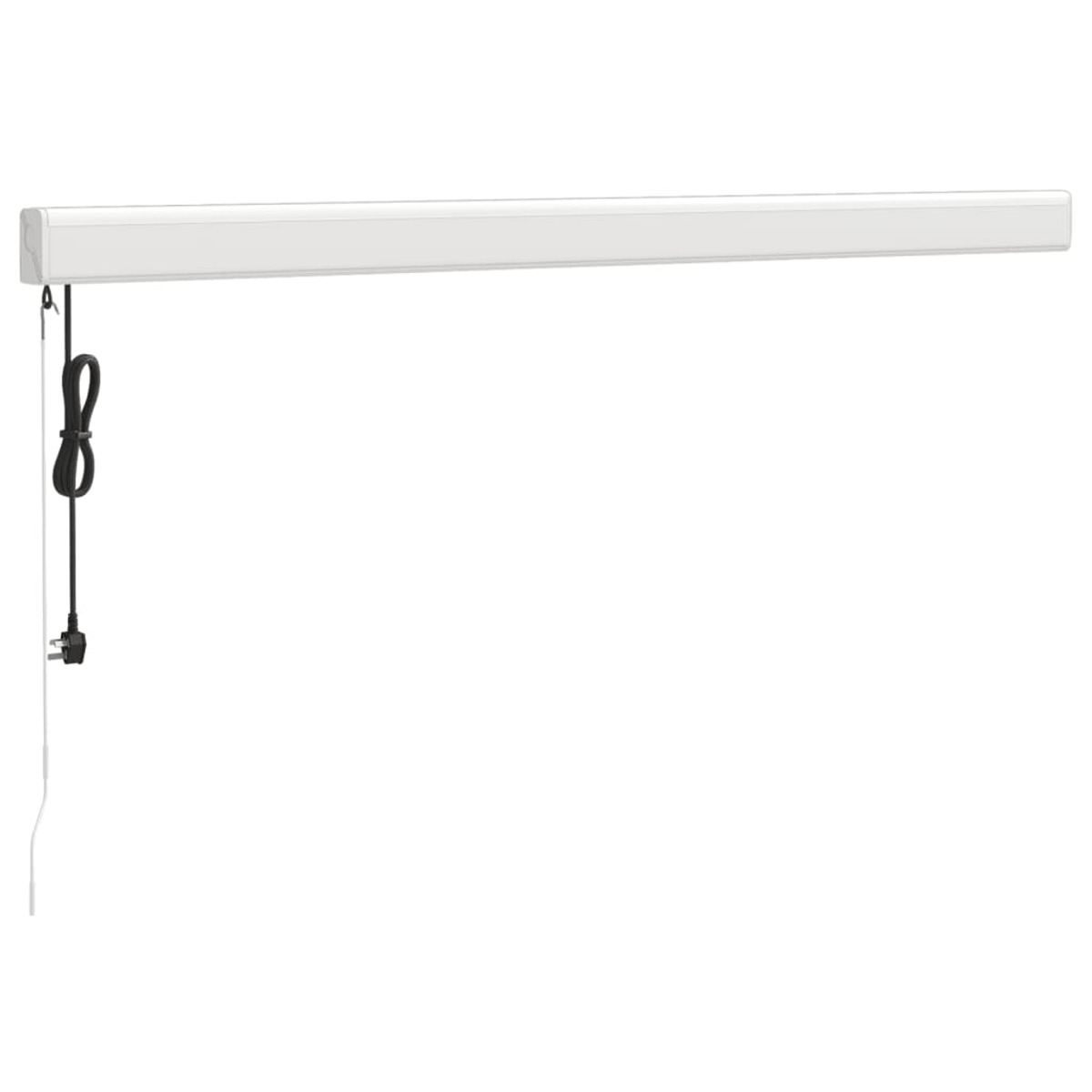 Weiße rechteckige Leuchte mit schwarzem Kabel, weißer Hintergrund.
