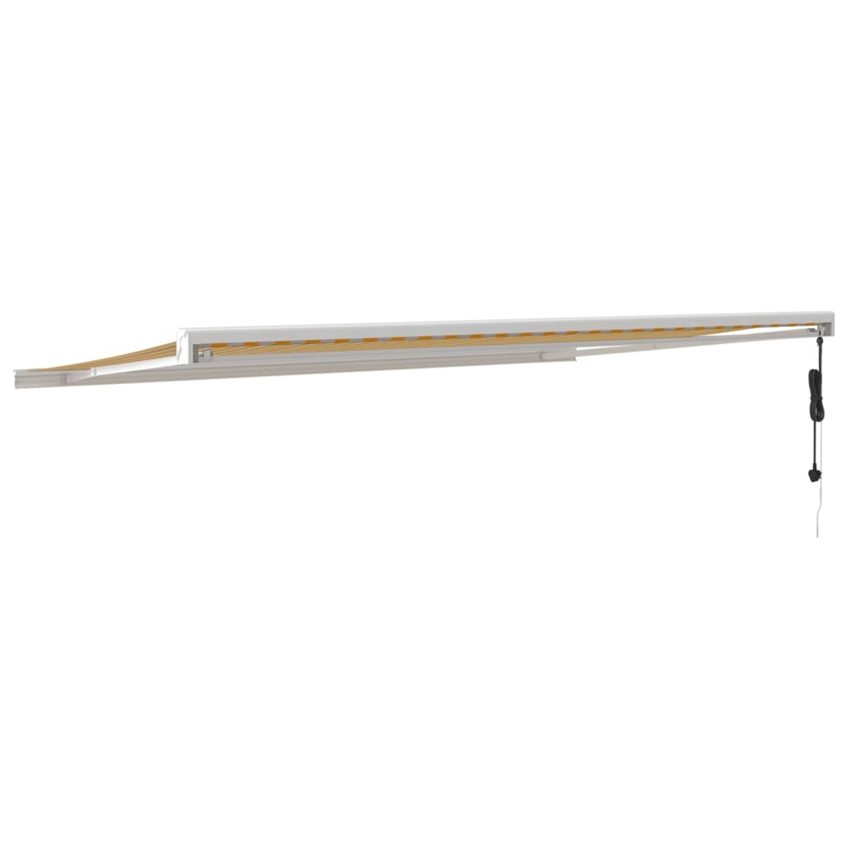 Weiße Markise mit Holzstützen. Netzkabel und Stecker. Weißer Hintergrund. Für die Beschattung im Freien.