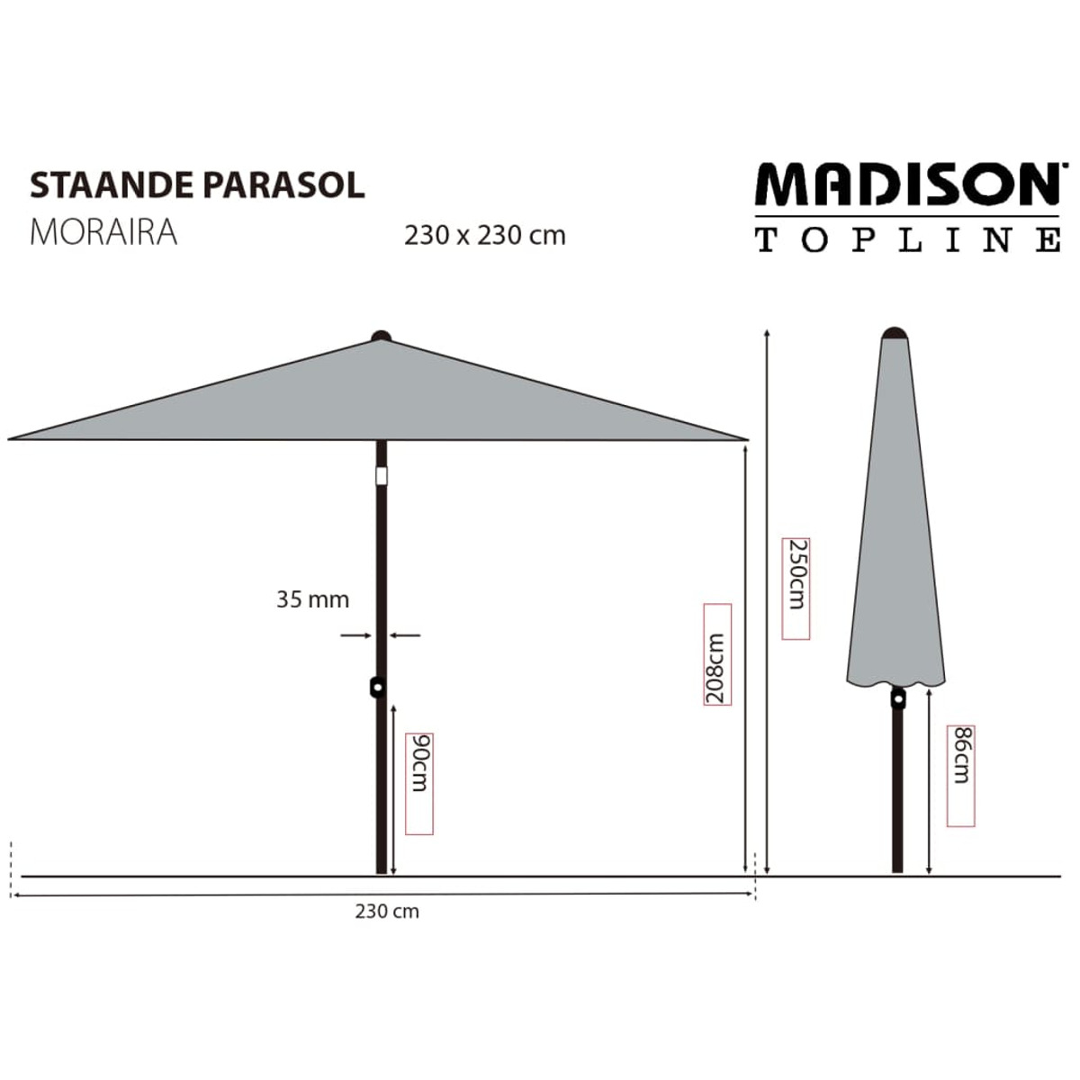 Diagramma di un ombrellone in piedi con dimensioni, altezza e diametro.