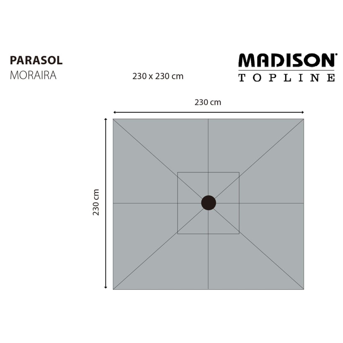 Un parasole grigio quadrato, etichettato 'MORAIRA' con il marchio 'MADISON TOPLINE' su sfondo bianco.