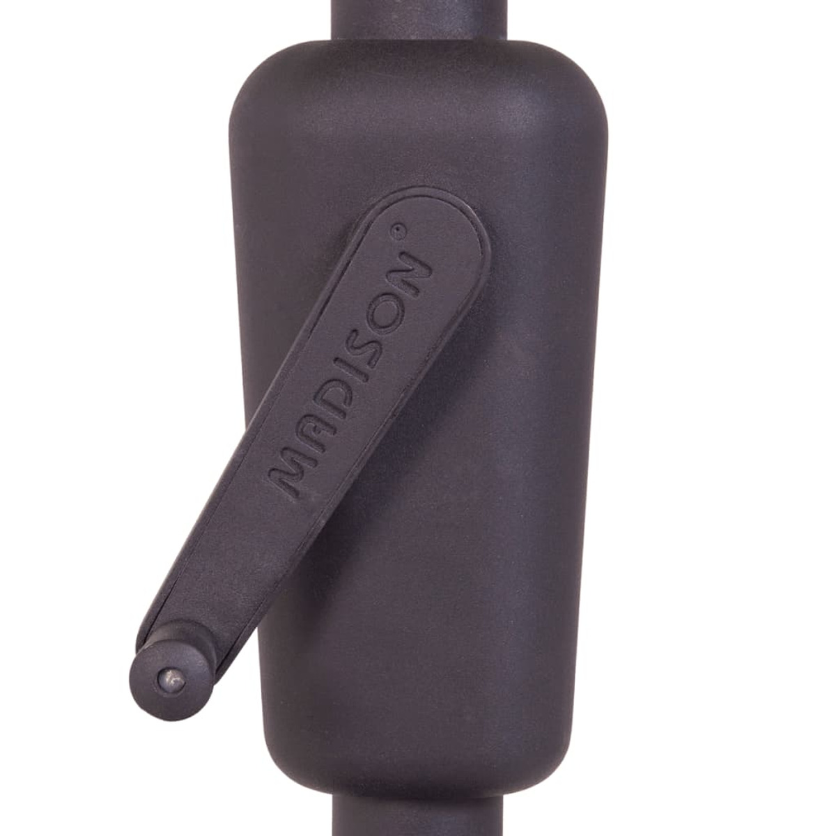 A close-up of a black, cylindrical crank handle with the word "MADISON" printed on it.
