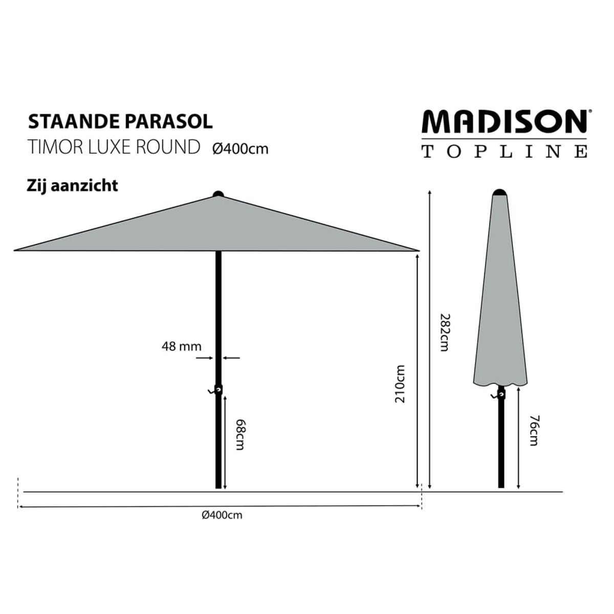 Diagram of a round parasol, dimensions: 400cm diameter, 282cm height, 48mm pole thickness.