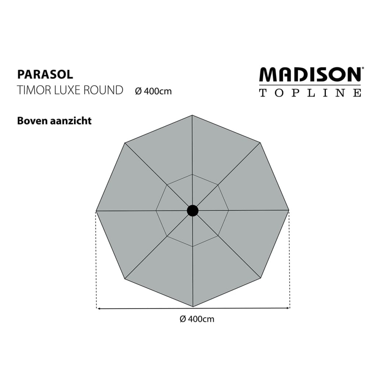 Top view of a grey parasol with a black central point. The parasol has the brand name Madison.