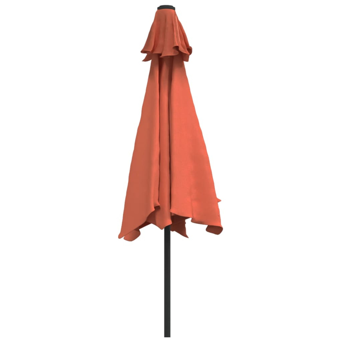 Ein geschlossener, orangefarbener Sonnenschirm mit schwarzem Mast. Auf weißem Hintergrund.