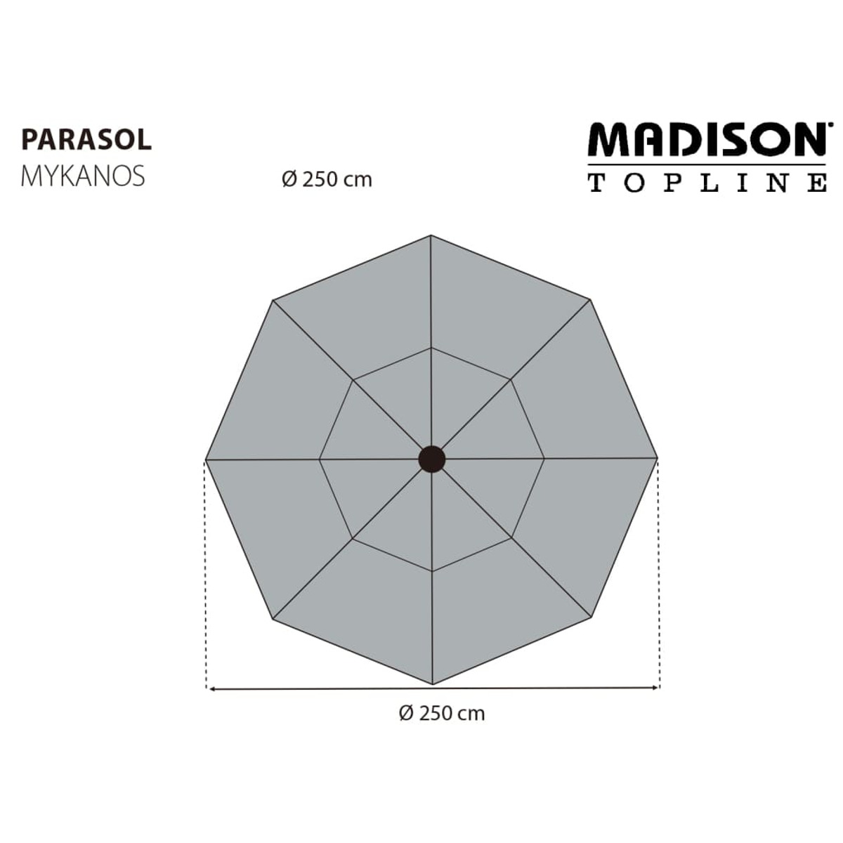 Parasol Mykanos Design, Draufsicht Grafik, grau, mit Abmessungen, weißer Hintergrund.