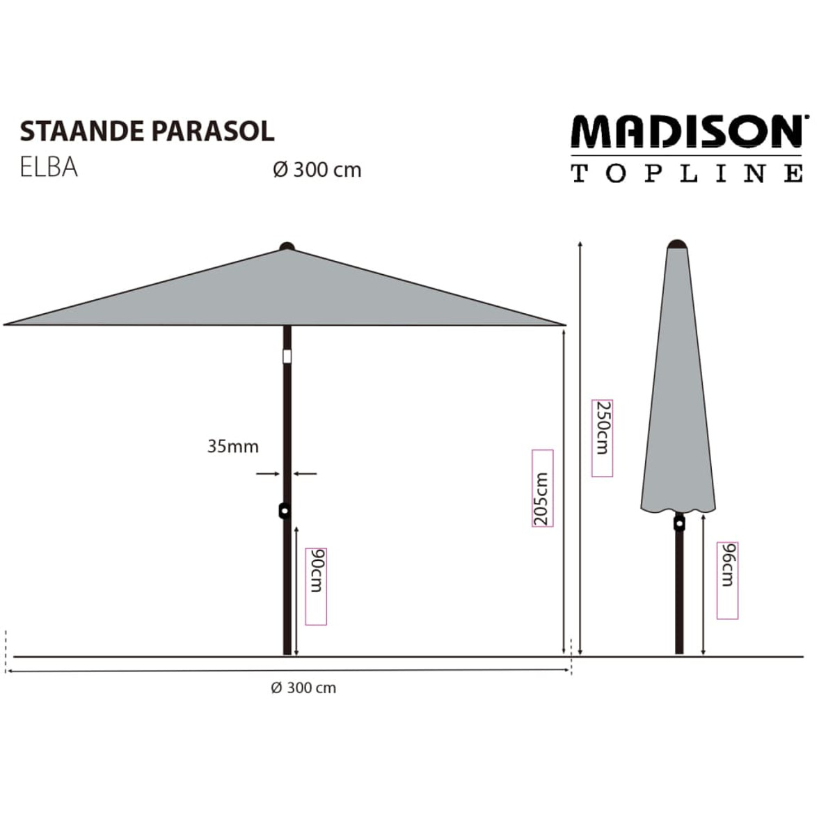 Diagramm eines grauen Sonnenschirms mit Abmessungen und Markenlogo.