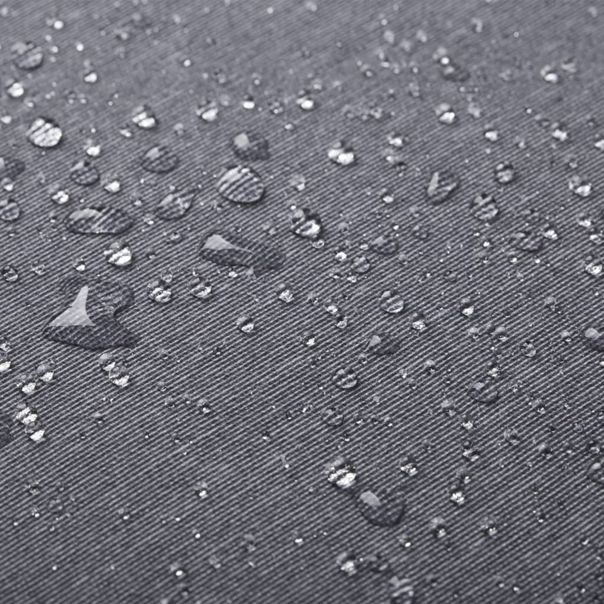 Close-up of water droplets on gray fabric. Fabric has a ribbed texture.