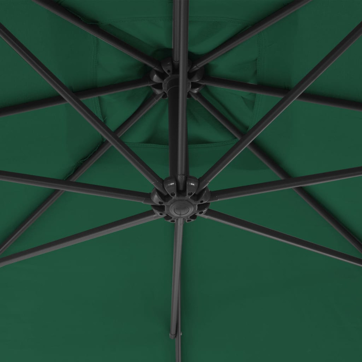 Blick nach oben auf die grüne Unterseite eines Schirms. Schwarze Tragkonstruktion sichtbar.