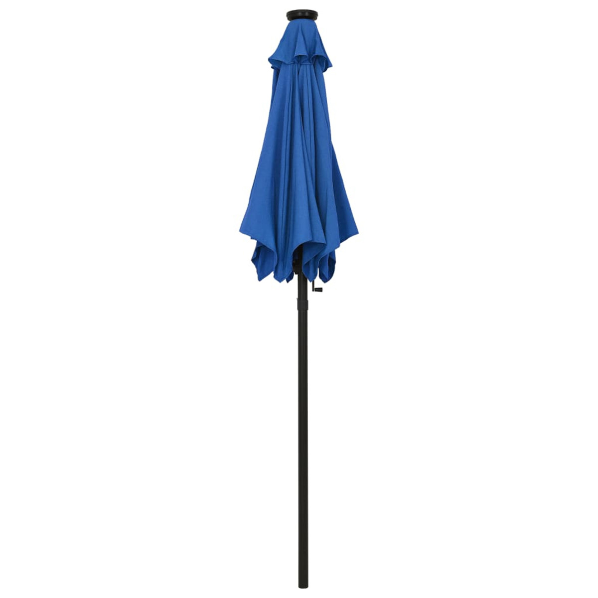 Blauer geschlossener Schirm, schwarze Stange, weißer HG.