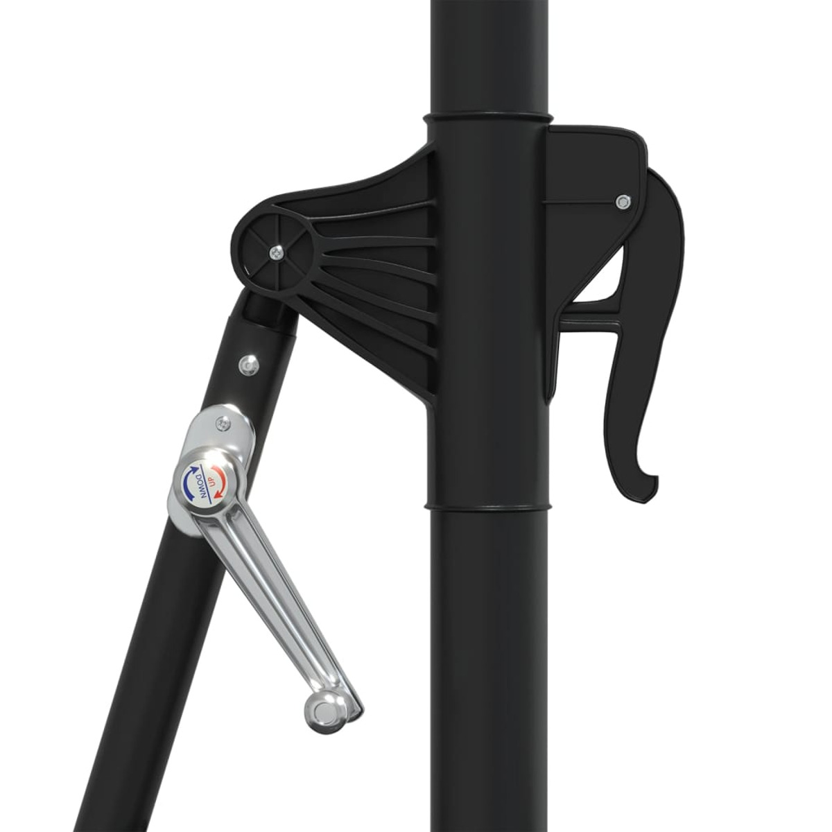 Nahaufnahme eines schwarzen Schirmmechanismus mit Griff und Hebel mit Auf/Ab-Etiketten.