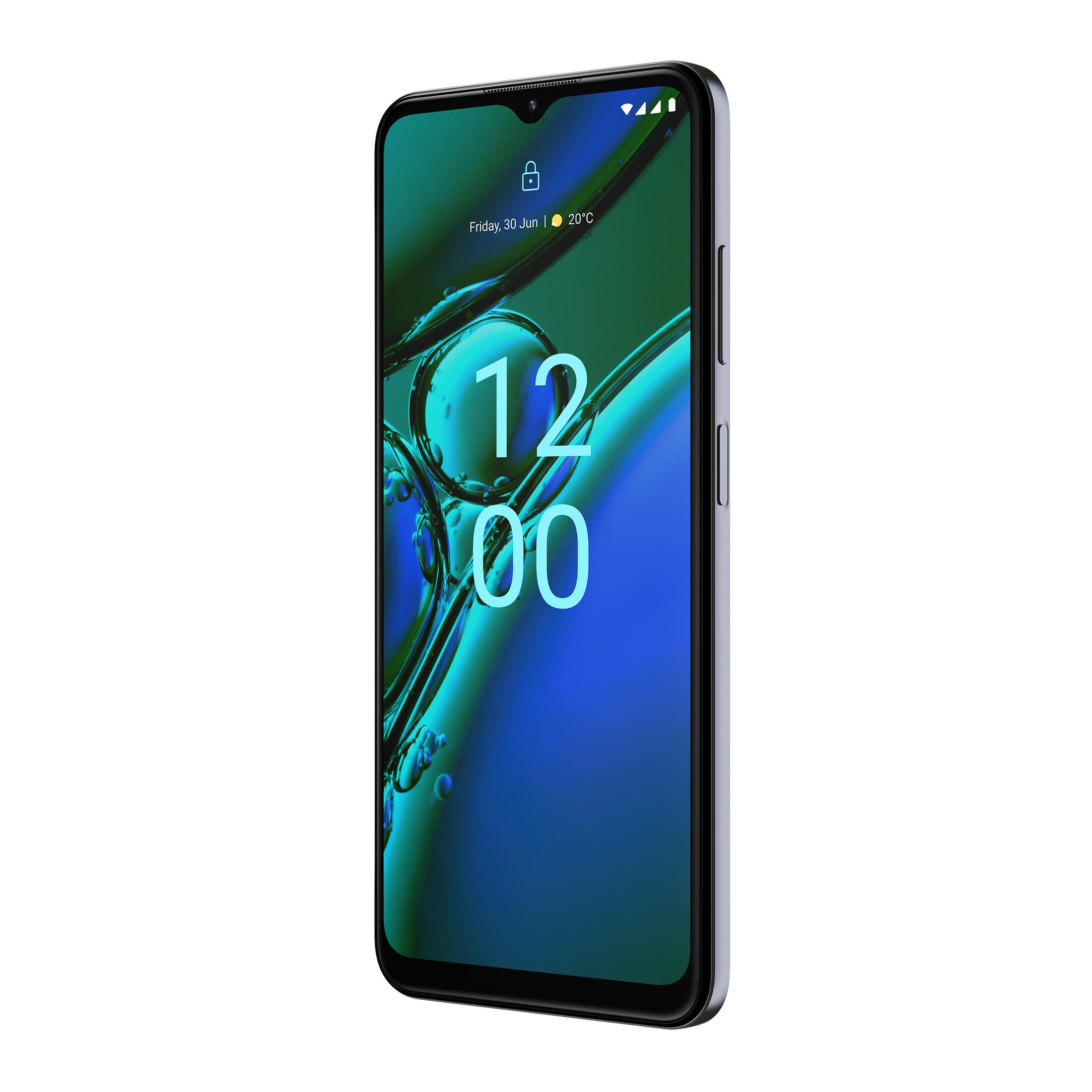 Schwarzes Telefon mit Anzeige von Uhrzeit und Datum. Grauer Rahmen und eine Kerbe.