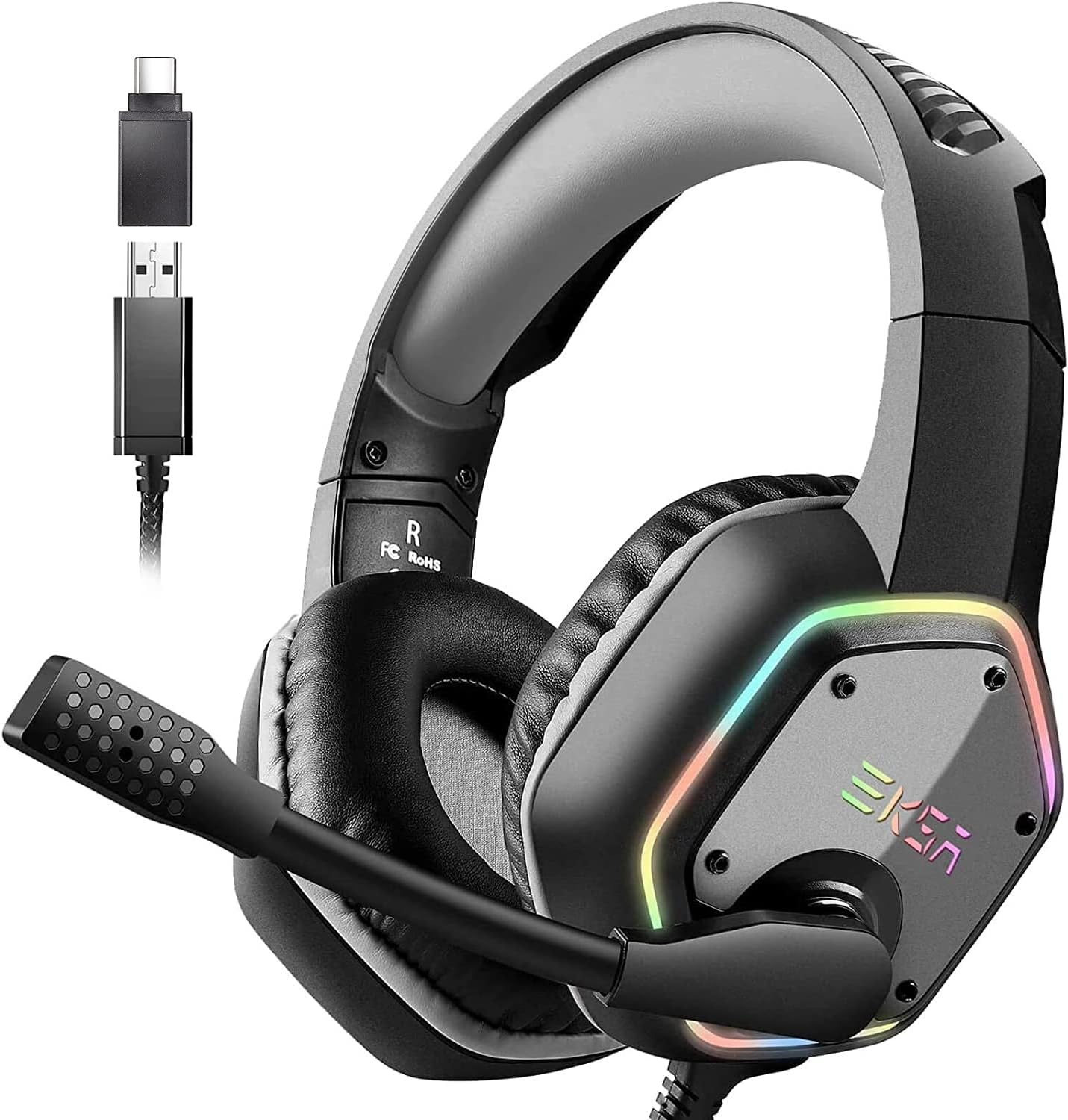 Gray EKSA-TRADE USB-C, Over-ear Headset Gaming E1000