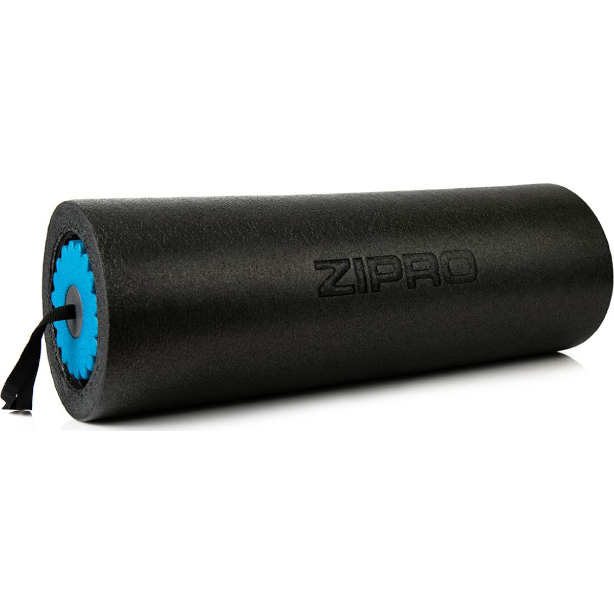 Schwarze Schaumstoffrolle mit blauem Mittelteil. ZIPRO-Logo. Ein schwarzer Riemen erstreckt sich.