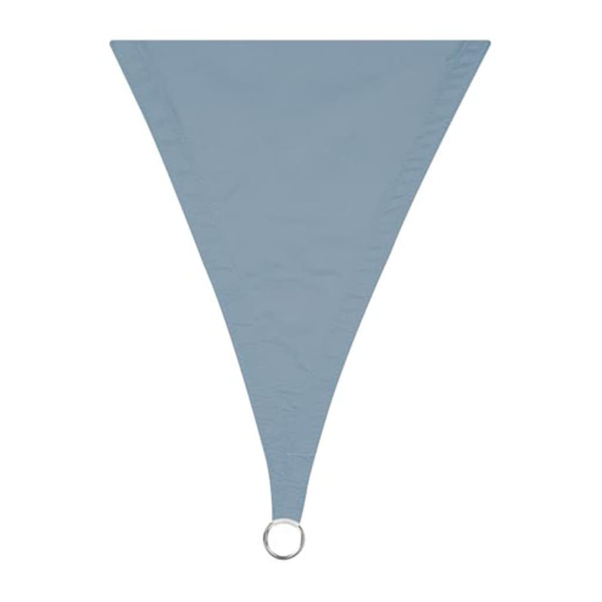 Una vela ombreggiante triangolare blu con un anello d'argento sulla punta inferiore, isolata sul bianco.