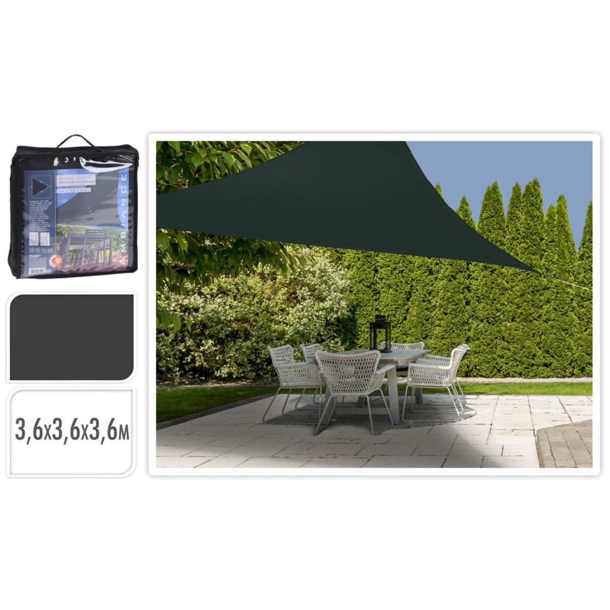 Schwarzes dreieckiges Sonnensegel über einer Terrasse. Tisch, Stühle und Stoffmuster.