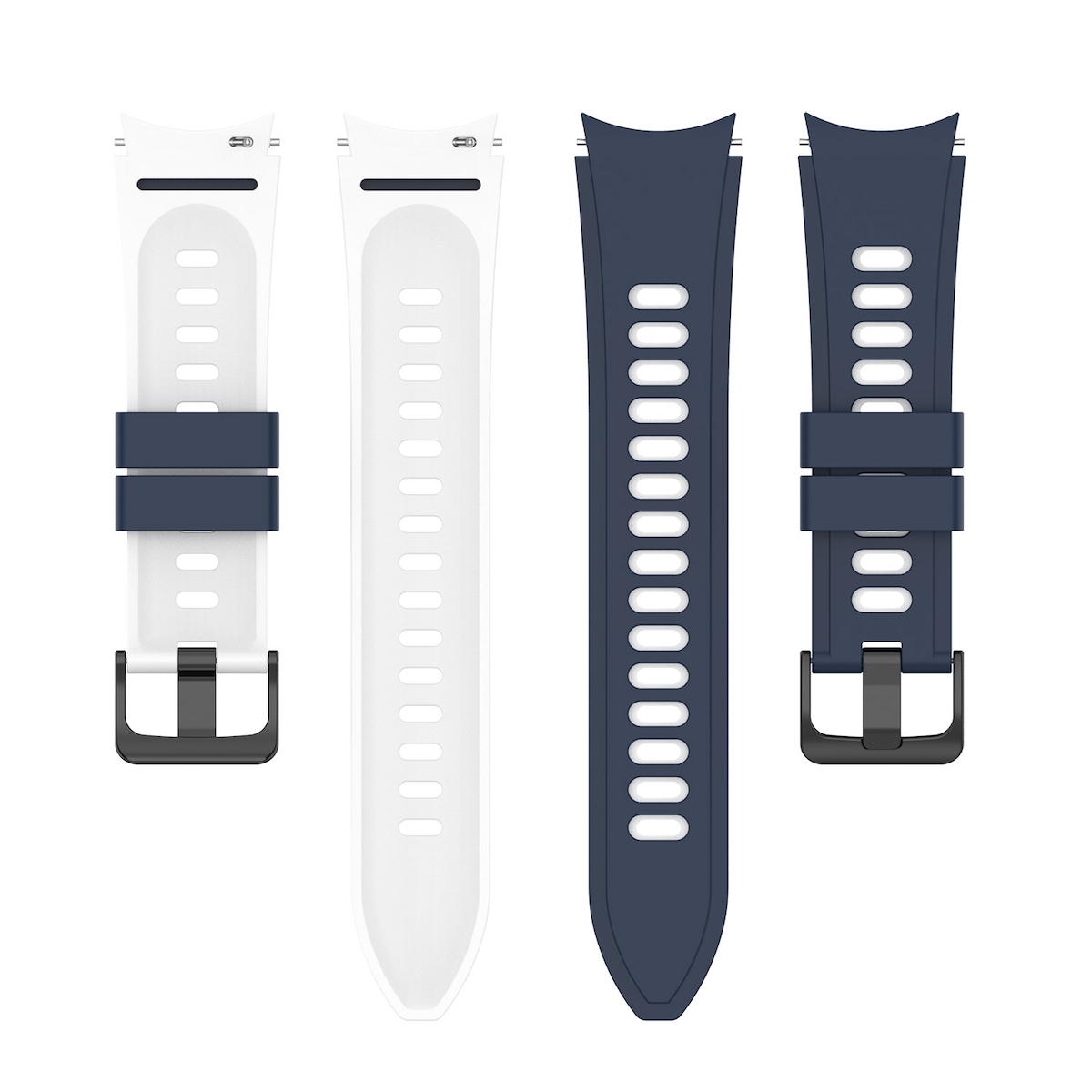 Zwei Uhrenarmbänder, eines weiß mit marinefarbenen Akzenten, das andere marineblau.