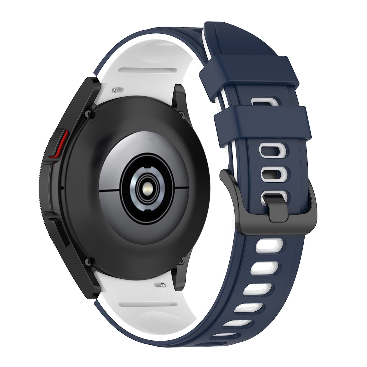 Eine Smartwatch mit blau-weißem Armband, von hinten gesehen.
