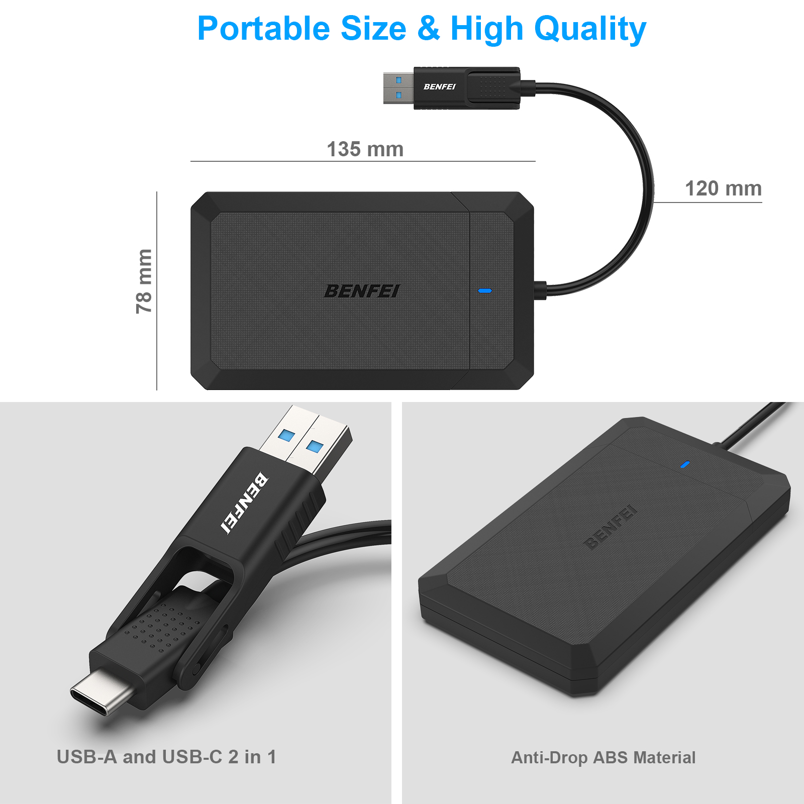 Schwarze tragbare Festplatte und USB-Kabel auf weißer Oberfläche. Es zeigt das Produkt.