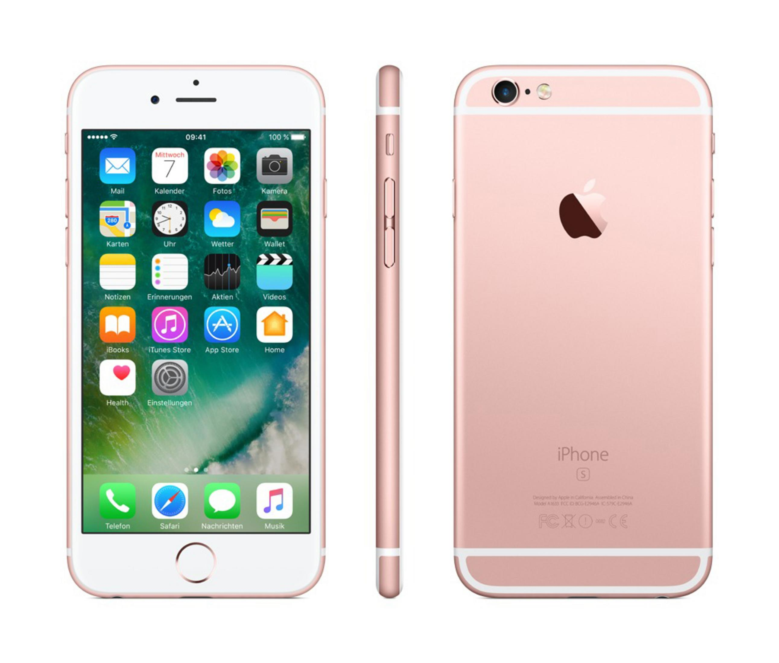 Roségoldenes iPhone mit drei Ansichten: vorne, seitlich und hinten.