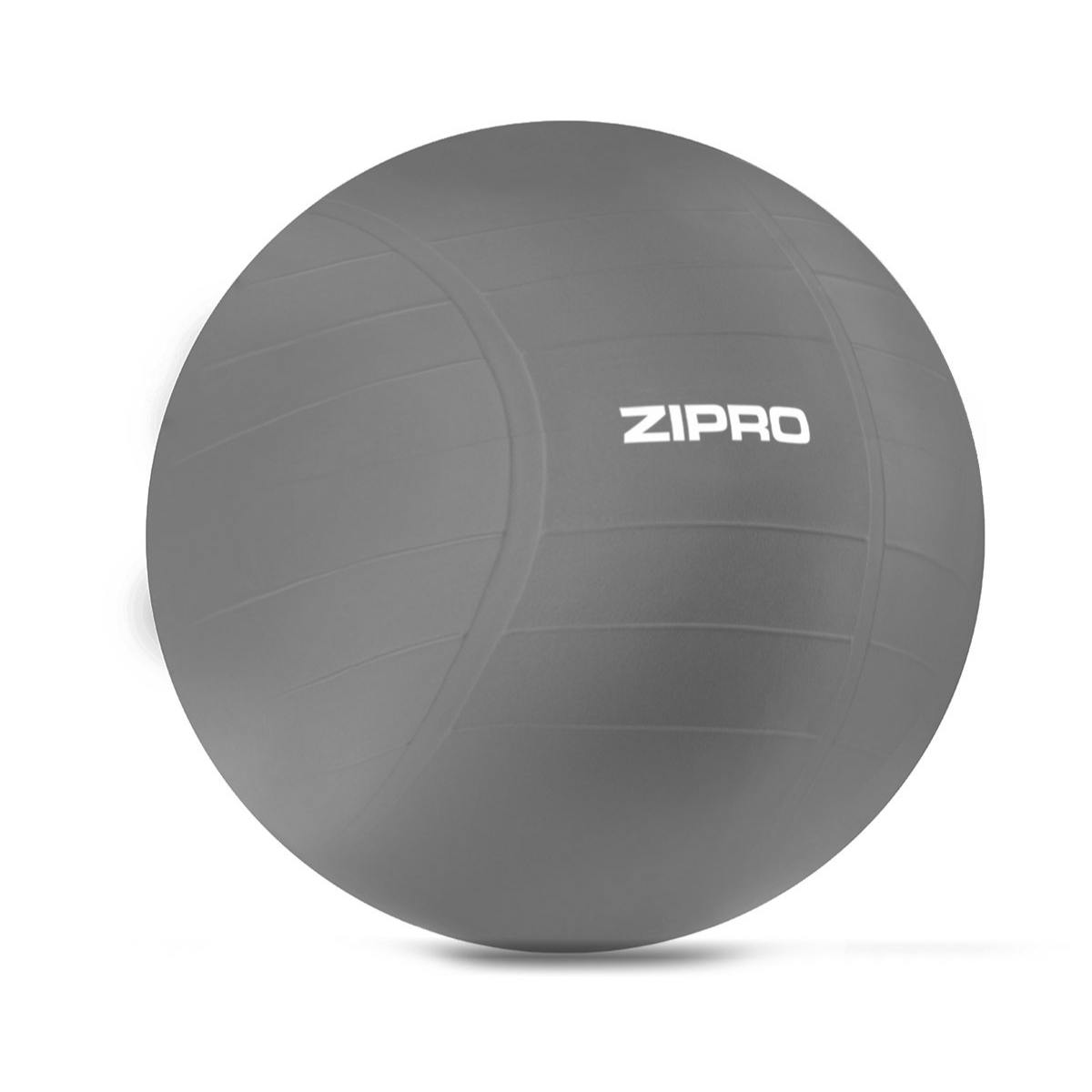 Grauer Gymnastikball mit weißem ZIPRO-Logo. Weißer Hintergrund.